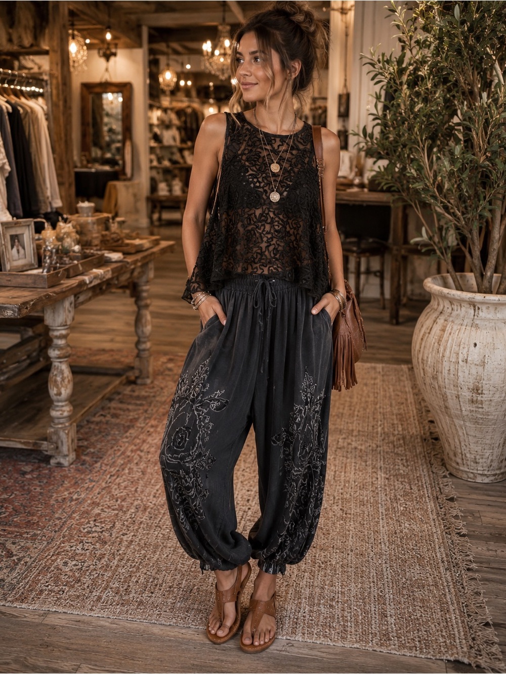 Free People Black Lace Texture Tank Top